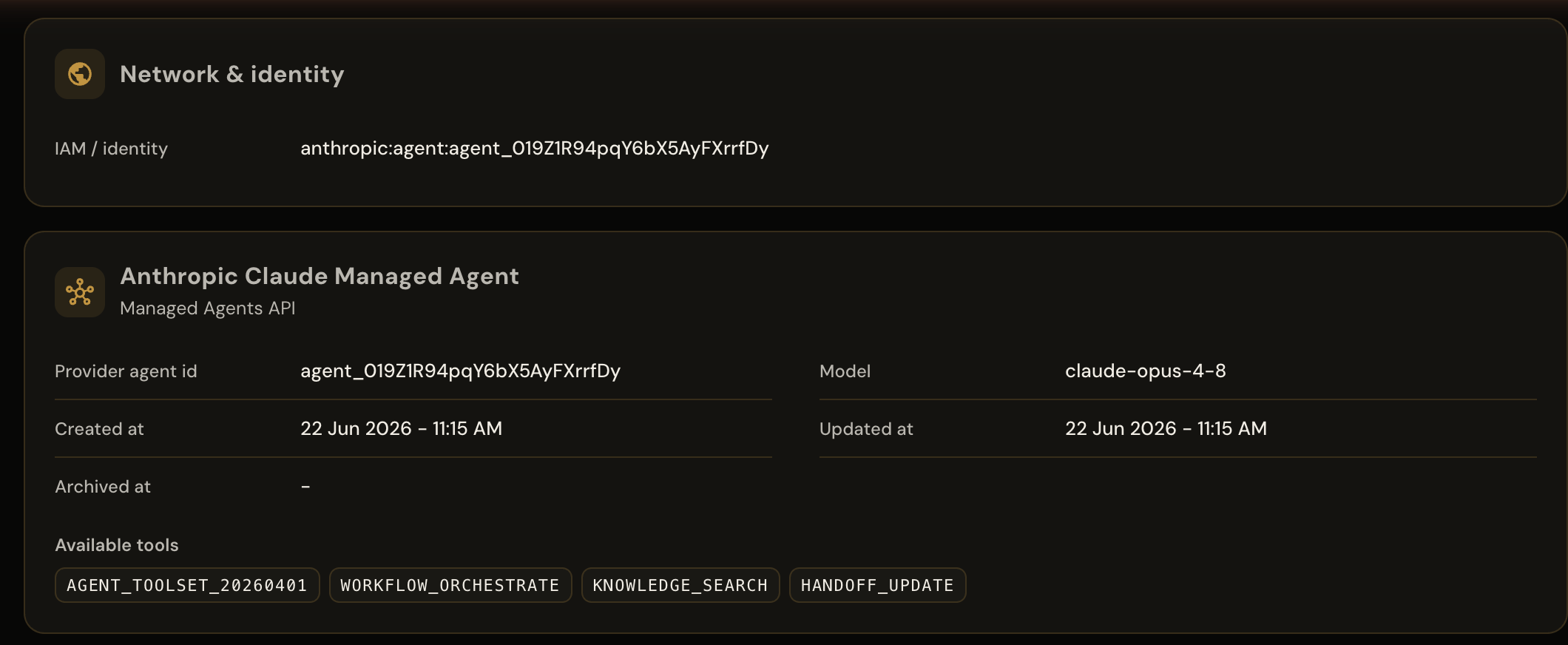 AgentID agent detail showing the agent's identity, the AI model it runs on, and the tools it is allowed to use.