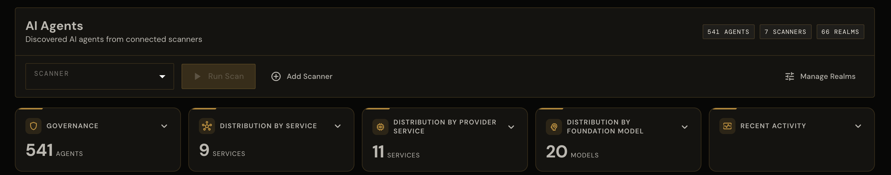 AgentID inventory screen showing 541 AI agents found by 7 scanners across 66 realms, with counts by service and by AI model.