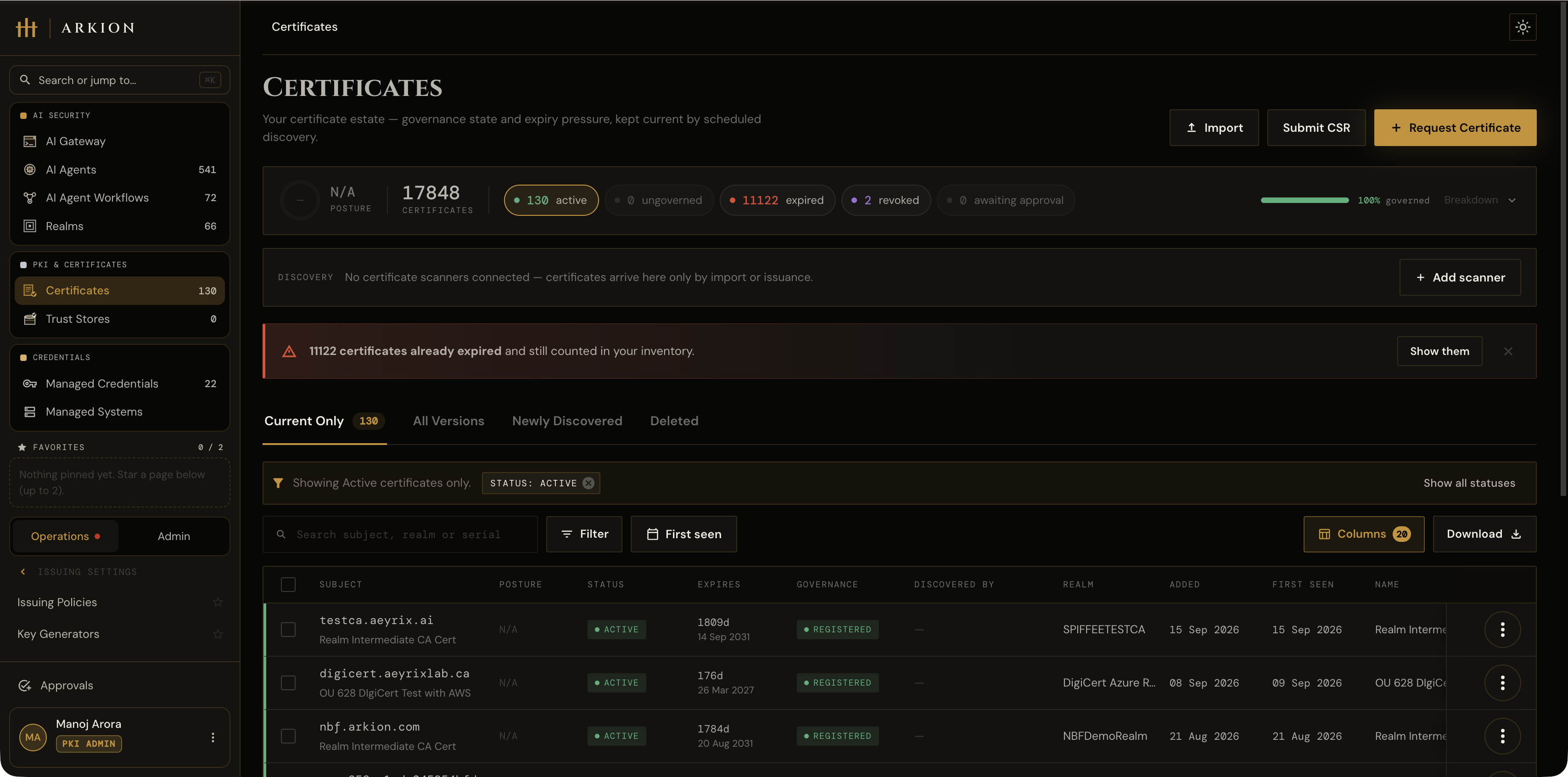 The ArkionID product: a sidebar with sections for certificates, certificate authorities, issuing policies, keys and AI agents, next to the certificates screen.
