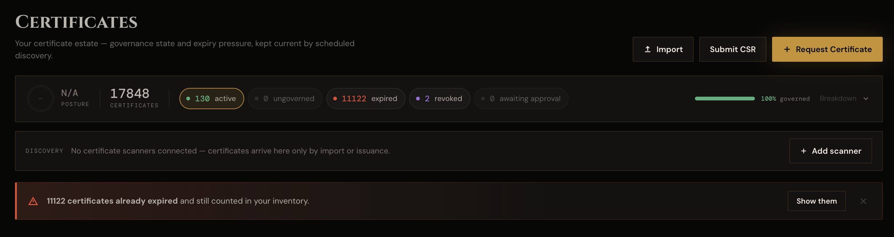 ArkionID warning banner reading 11,122 certificates already expired and still counted in your inventory.